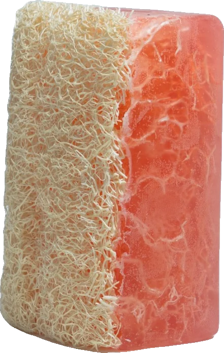 Le savon Aurore : une face en luffa naturel, une face de savon translucide rose corail